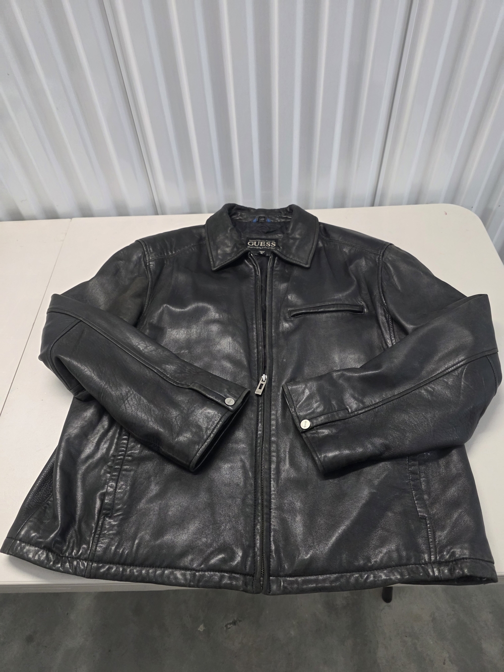 Vintage Guess Leather Jacket Black Button Heavyweight Quilted Lined Mens Size XL